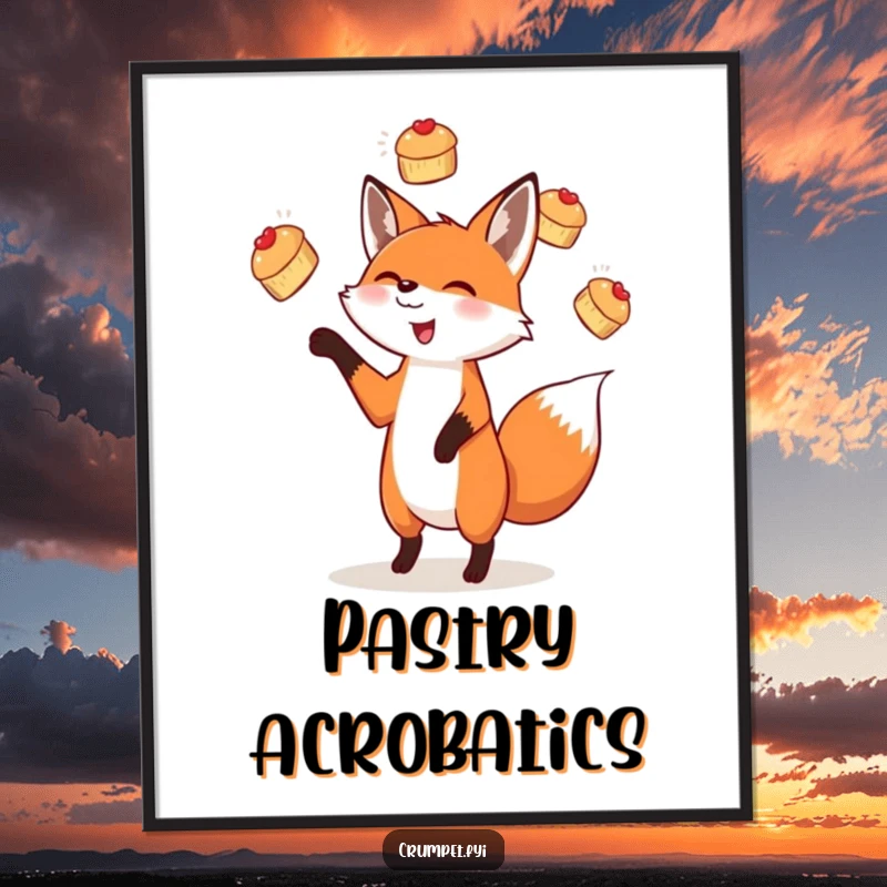 Funny digital art print of a delighted fox skillfully juggling scones, bringing playful energy and humor to home decor.
