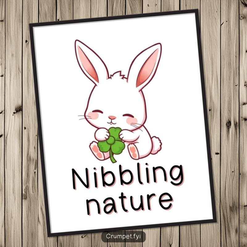 Funny rabbit with perked ears nibbling a stylized garden flower, as a downloadable art print. A lovely funny gift.