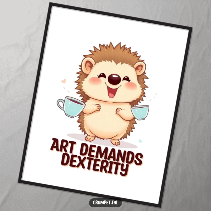 Funny Digital Art: A proud hedgehog giggles while juggling miniature teacups, a charming and humorous piece for instant decoration.