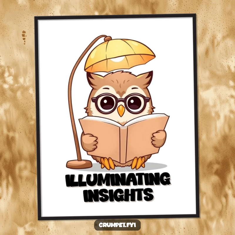 Funny Digital Art Print of a smiling owl wearing spectacles reading a book under a lamp, ready to be printed and displayed anywhere.