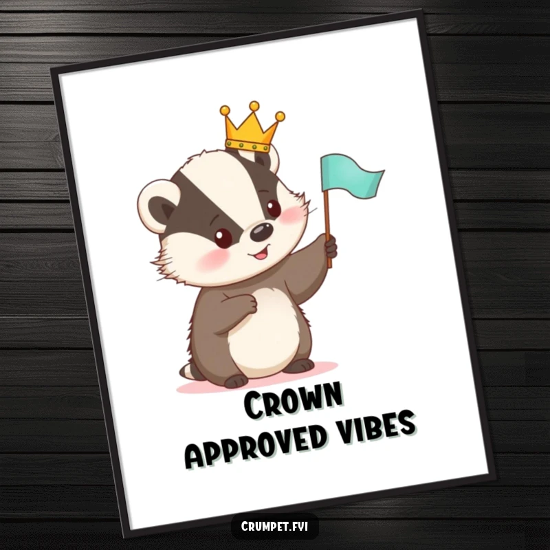 Funny Digital Art Print of a cute badger with a crown happily waving a small flag, perfect for instant decor.