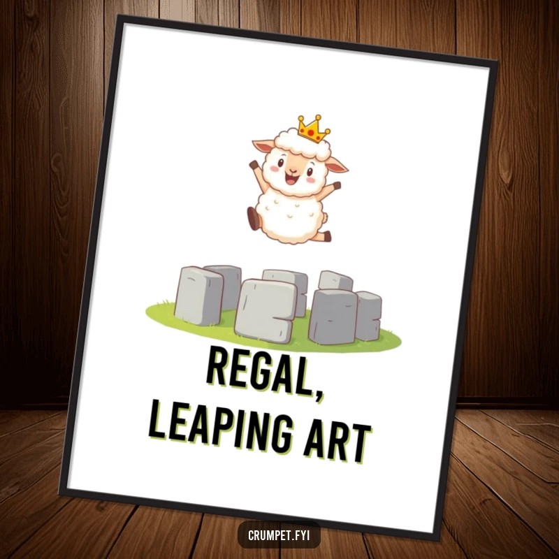 Funny Digital Art Print: Fluffy sheep wearing a crown leaps exuberantly over a miniature Stonehenge.