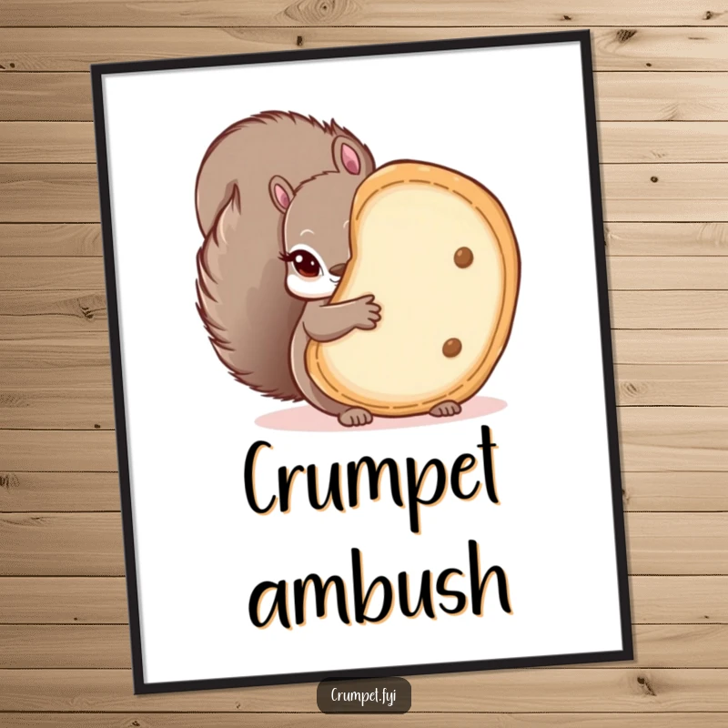 Funny digital art print of a mischievous squirrel playfully peeking from behind a large crumpet, bringing whimsical humor to decor.