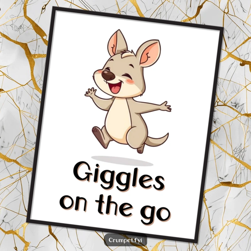 Funny wallaby digital art print of a giggling wallaby hopping energetically. A humorous and fun piece for animal lovers.