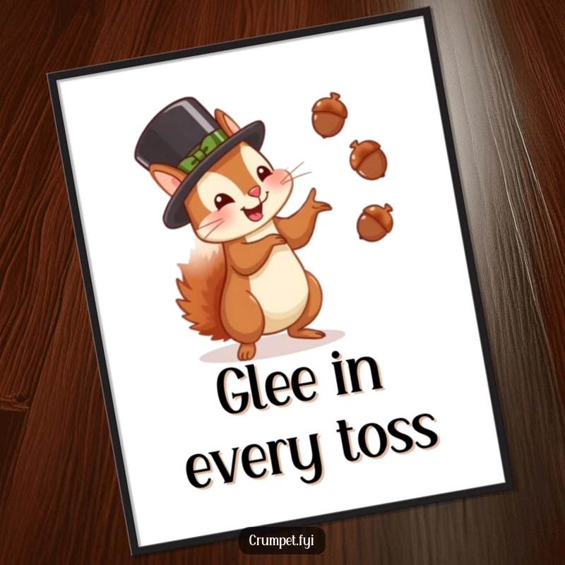 Funny squirrel digital art print of a squirrel in a bowler hat juggling acorns with glee, whimsical decor, great gift.