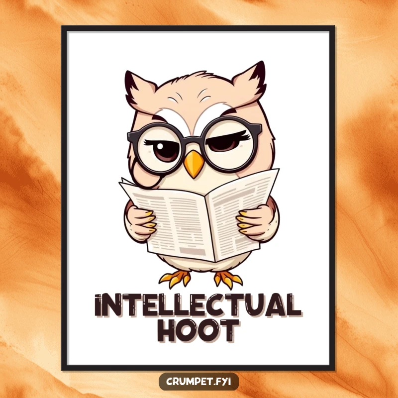 Funny digital art print of a winking owl wearing a monocle and reading a newspaper, perfect for elegant decor.