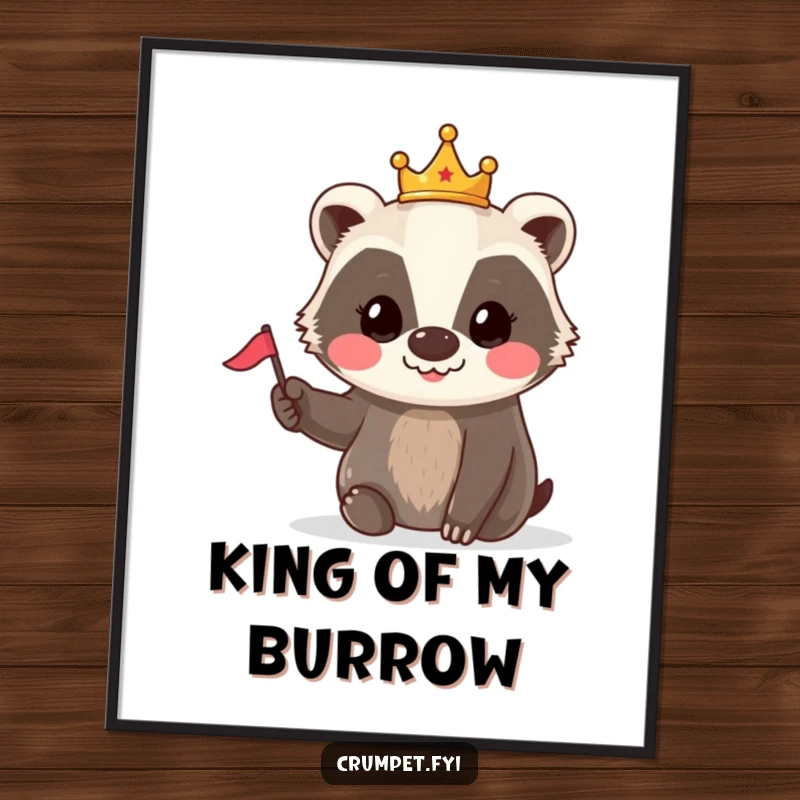Funny Badger Crown Flag Digital Art Print: A smiling badger wearing a tiny crown waves a small flag, offering instant royal charm.