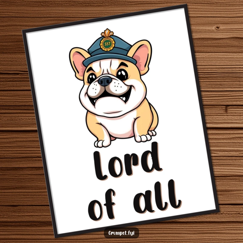 Funny Digital Art Print: A happy bulldog wearing a ceremonial hat strikes a confident pose, radiating regal charm.