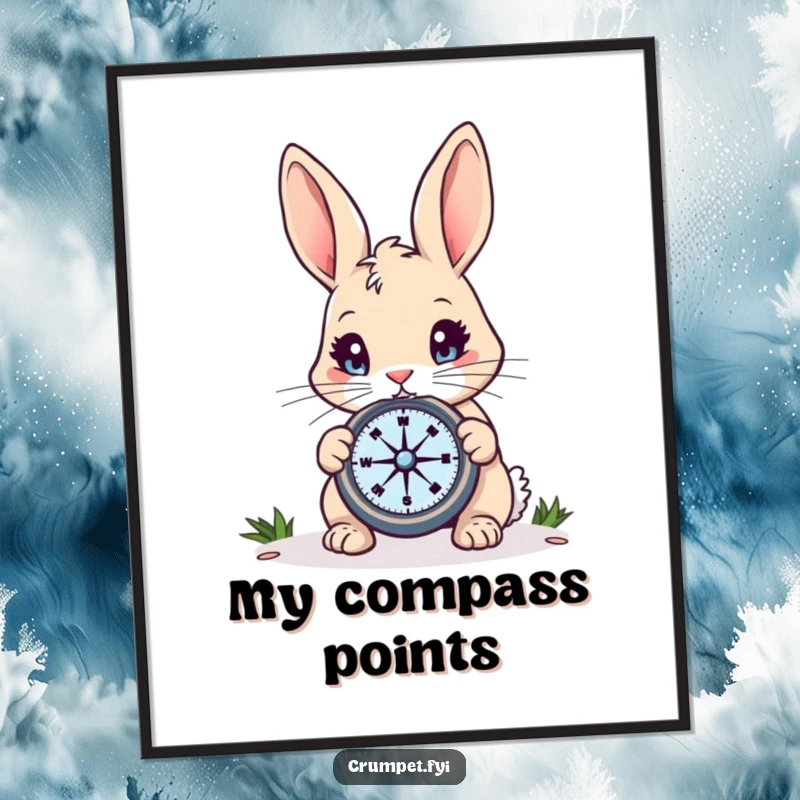 Funny Rabbit Digital Art: A curious rabbit with bright eyes holding a compass, embodying exploration, a whimsical and funny gift.