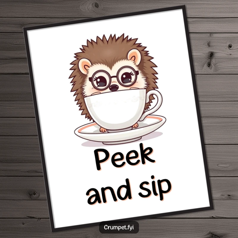 Funny hedgehog digital art print of a hedgehog with a monocle peeking from behind a teacup, sophisticated decor, great gift.