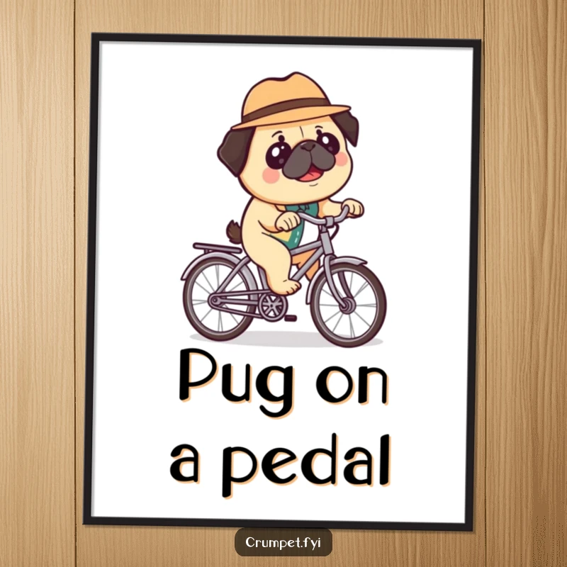 Funny digital art print of a happy pug in a bowler hat riding a miniature bicycle, offering instant whimsical charm and a burst of quirky humor.