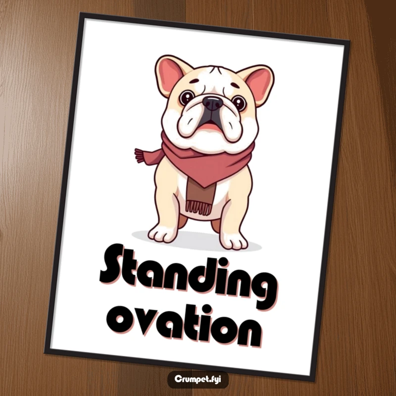 Funny proud bulldog wearing a scarf, standing tall, as a digital art print for instant humorous decor.