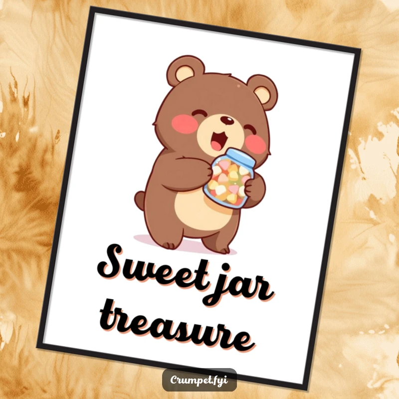 Funny bear digital art, stout character holding sweets jar, printable wall decor, enthusiastic cartoon download, instant gift.