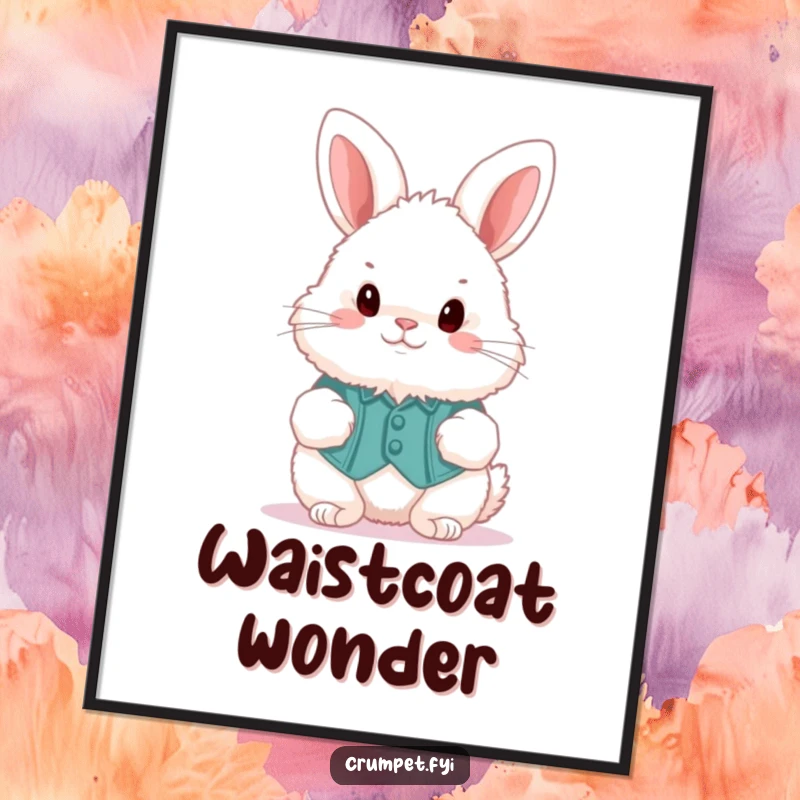 Funny fluffy bunny wearing a waistcoat, hopping, as a digital art print for instant humorous decor.
