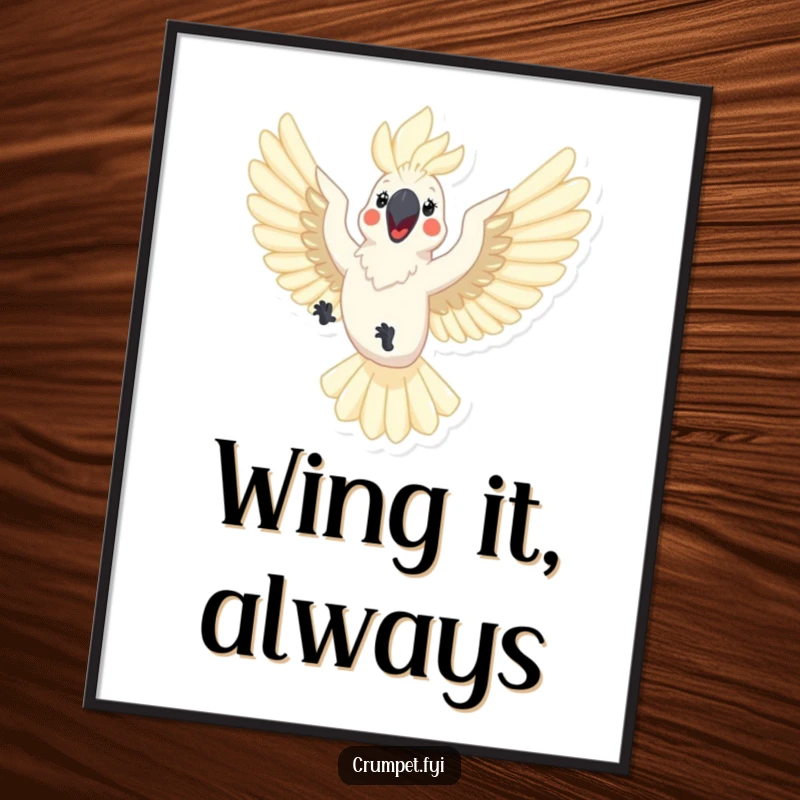 Funny cockatoo digital art print of a happy cockatoo flying with outstretched wings. A joyful and humorous piece for bird lovers.