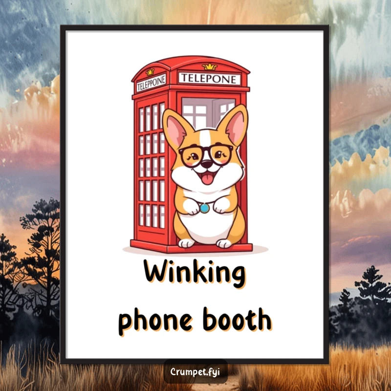 Funny Digital Art Print: Delighted corgi wearing a monocle winks cheekily beside a red telephone box.