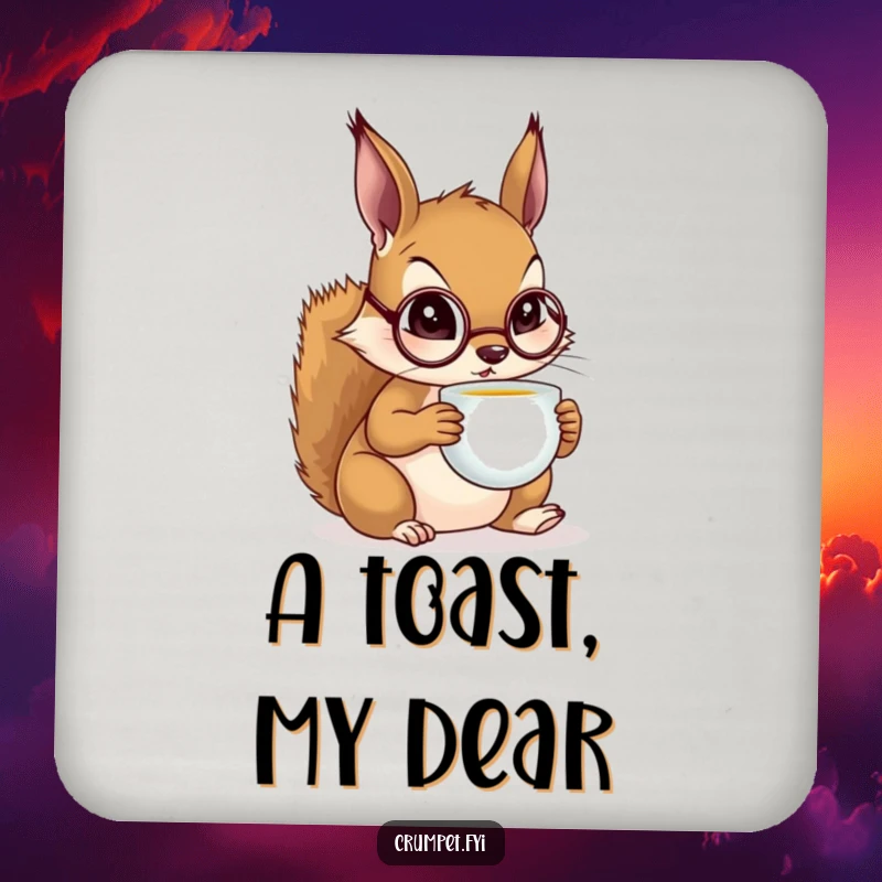 Funny Squirrel Coasters with a squirrel in a monocle sipping tea, protecting surfaces with sophisticated humor.