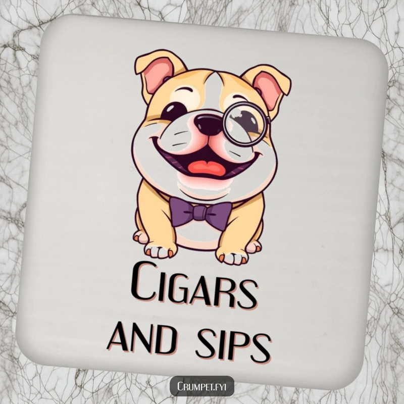 Funny Bulldog Coasters: A joyful bulldog wearing a monocle and bow tie, offering dapper humor, an excellent funny gift.