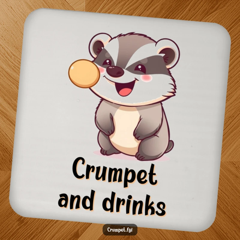 Funny drink coasters featuring a smiling badger balancing a crumpet on its nose, protecting surfaces with whimsical humor and skill.