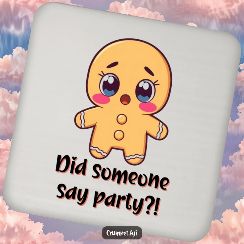 Funny gingerbread man character with wide, shocked eyes on a drink coaster, adding a touch of dramatic humor.