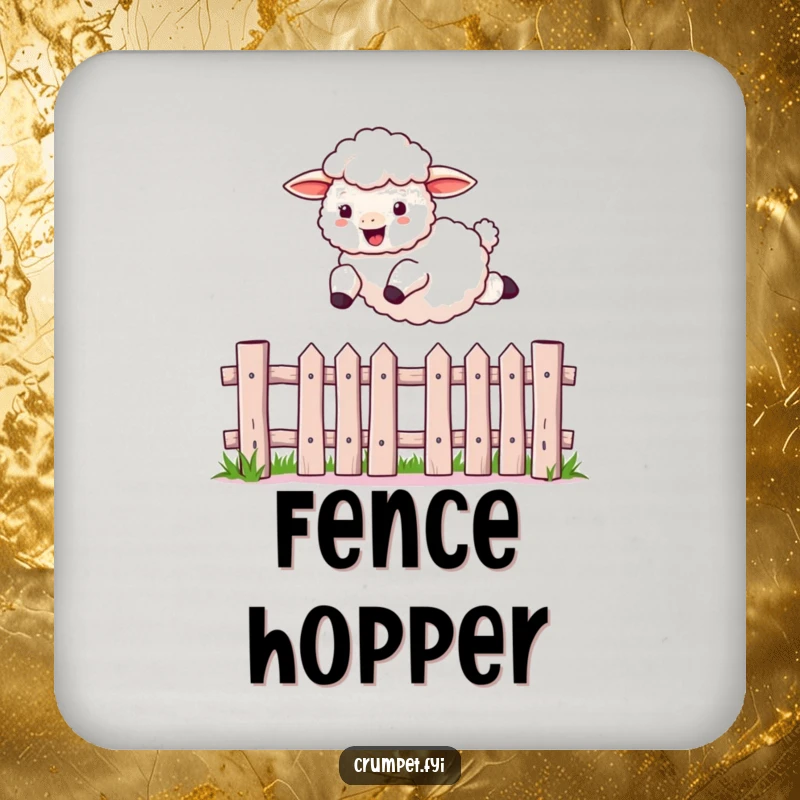 Funny sheep coaster with a fluffy sheep leaping over a picket fence, providing humorous surface protection.