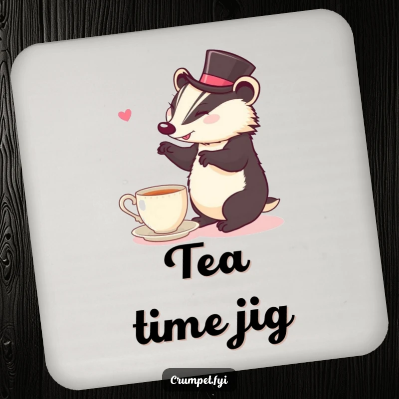 Funny Coaster: Decorative coaster featuring a cheerful badger in a top hat dancing near a teacup.
