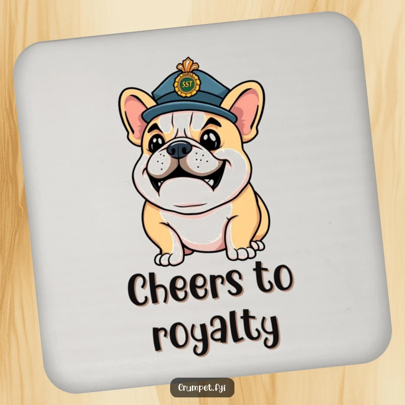Funny Coaster: A happy bulldog wearing a ceremonial hat strikes a confident pose, offering stylish surface protection.