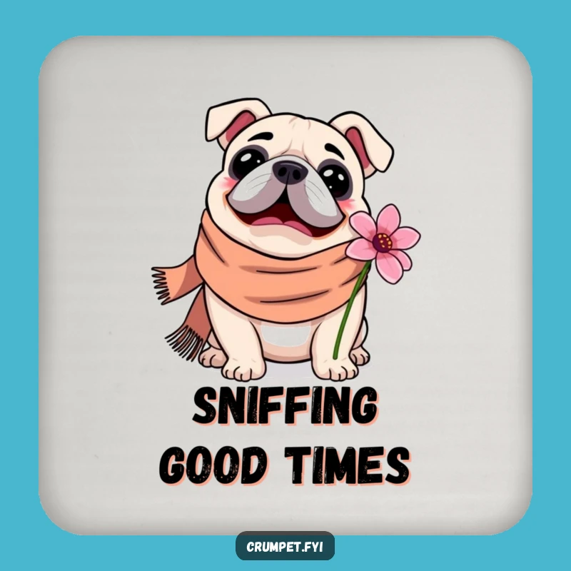 Funny Bulldog Coaster Set: Protect Surfaces with Cozy Scarf & Flower Sniffer Humor!