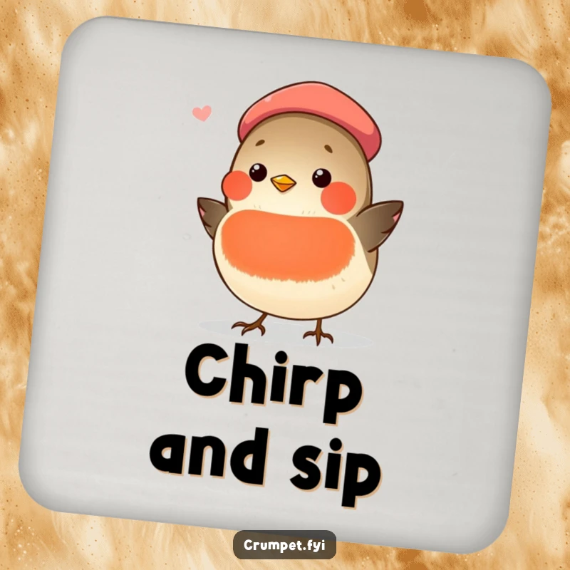 Funny chubby robin wearing a beret, singing, on a drink coaster, a functional funny accessory.
