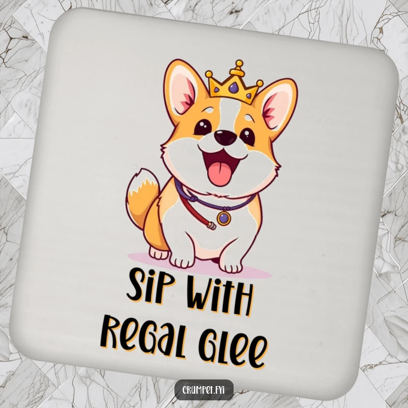 Funny Corgi Coaster: An excited corgi in royal regalia wags its tail vigorously, safeguarding surfaces with regal humor.