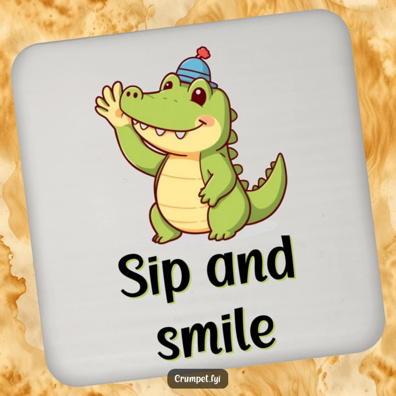 Funny crocodile coasters featuring a smiling crocodile in a tiny hat waving. A humorous and dapper way to protect surfaces from drinks.