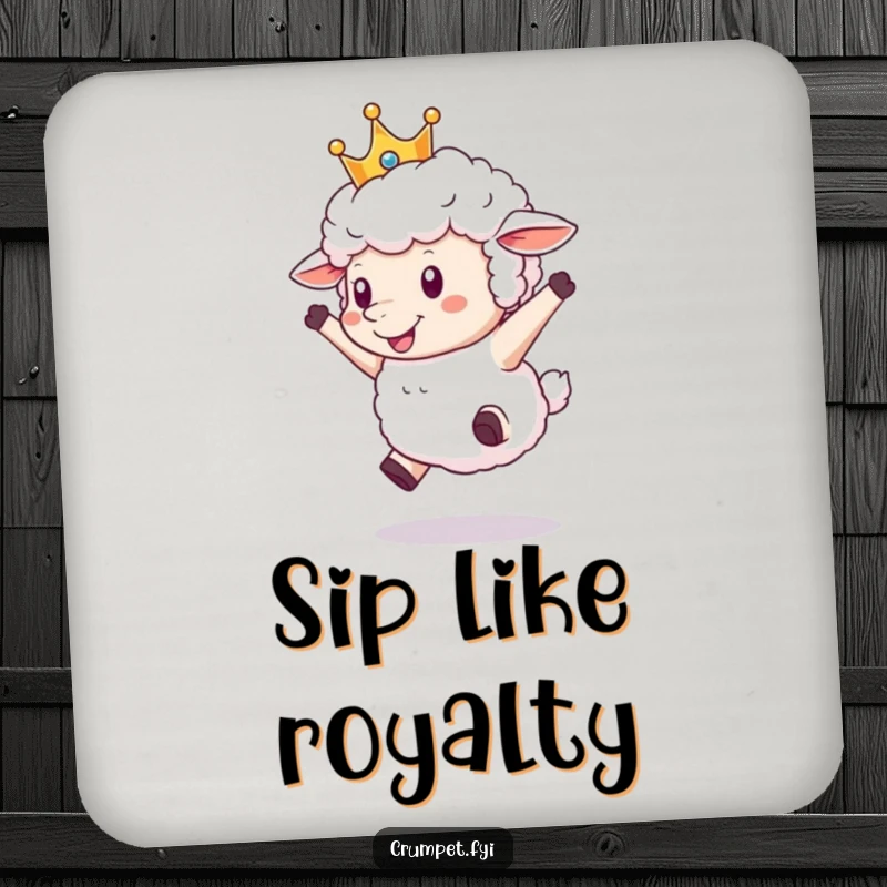 Funny Sheep Coasters with a crowned sheep leaping joyfully, protecting surfaces with humor and royal charm.