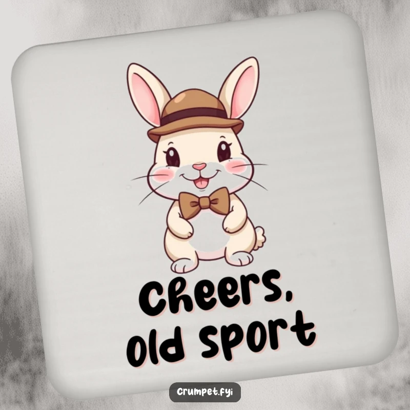 Funny drink coaster featuring a happy rabbit dressed in a bowler hat and bow tie, adding elegant charm.