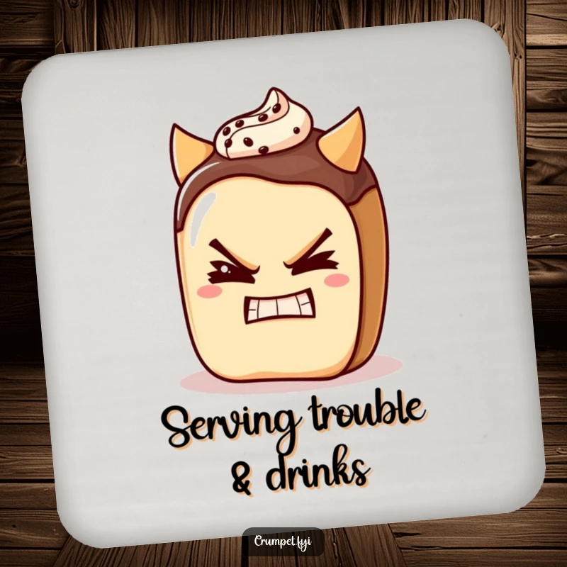 Funny pain au chocolat character winking with a devilish grin on a drink coaster, adding a touch of playful mischief.