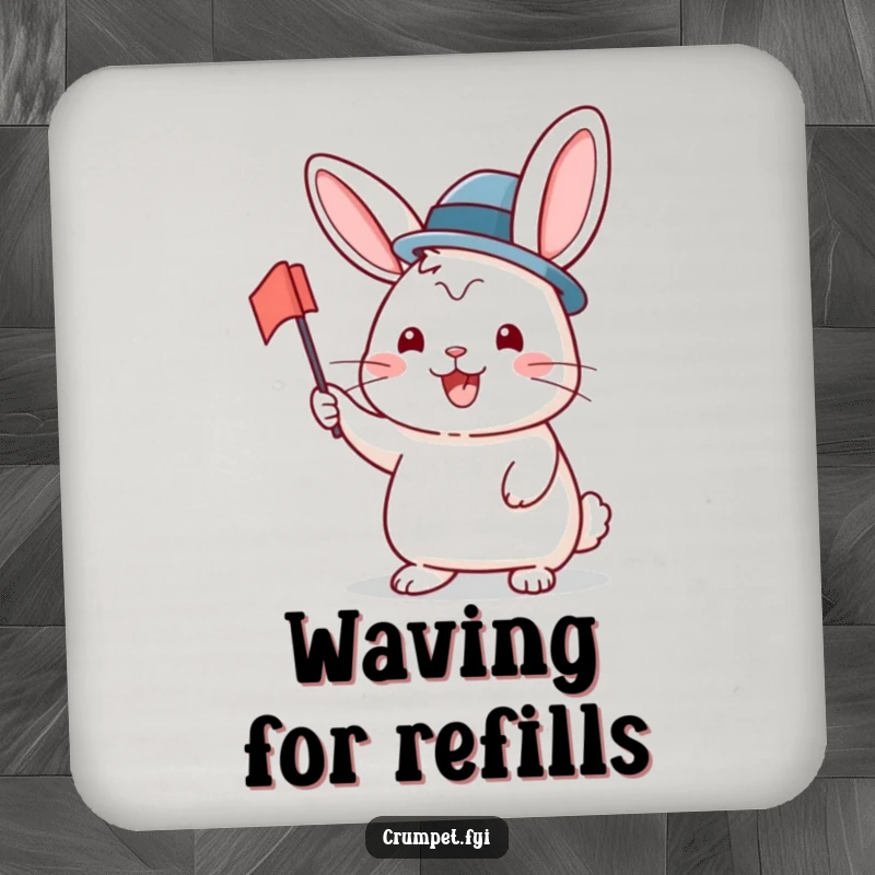 Funny Coasters featuring a beaming rabbit in a bowler hat waving a flag, protecting furniture with cheerful charm and a touch of festivity.