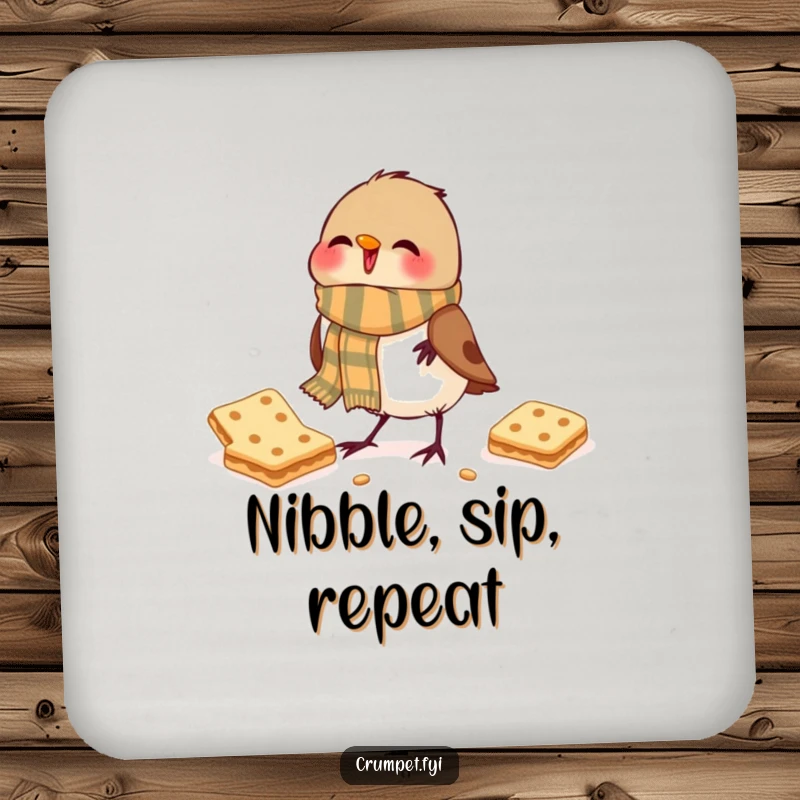 Funny Coaster: Decorative coaster featuring a jubilant robin wearing a scarf pecking at a biscuit.