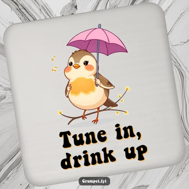 Funny Coaster featuring a cheerful robin holding an umbrella, singing a tune, protecting surfaces with charm.