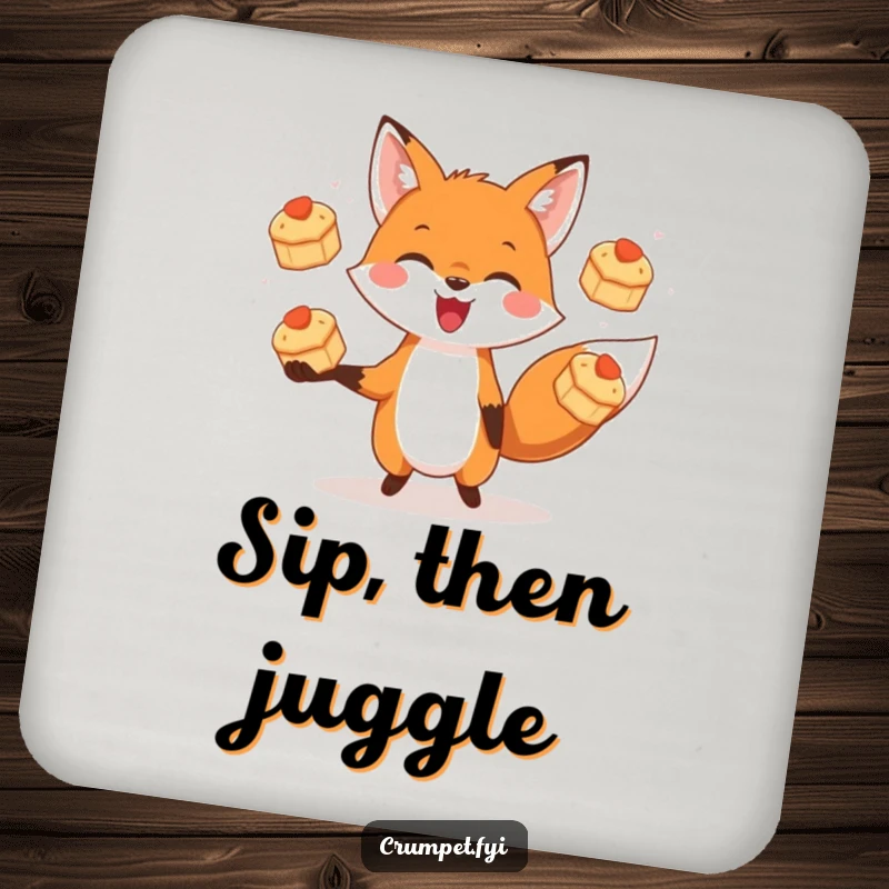 Funny drink coaster featuring a joyful fox juggling three tiny scones, perfect for protecting surfaces.