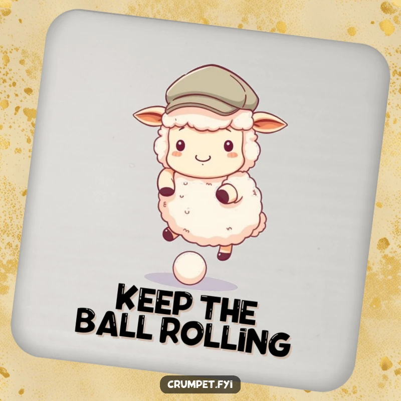 Funny Coaster featuring a fluffy sheep wearing a flat cap, bouncing a ball, protecting surfaces with charm.