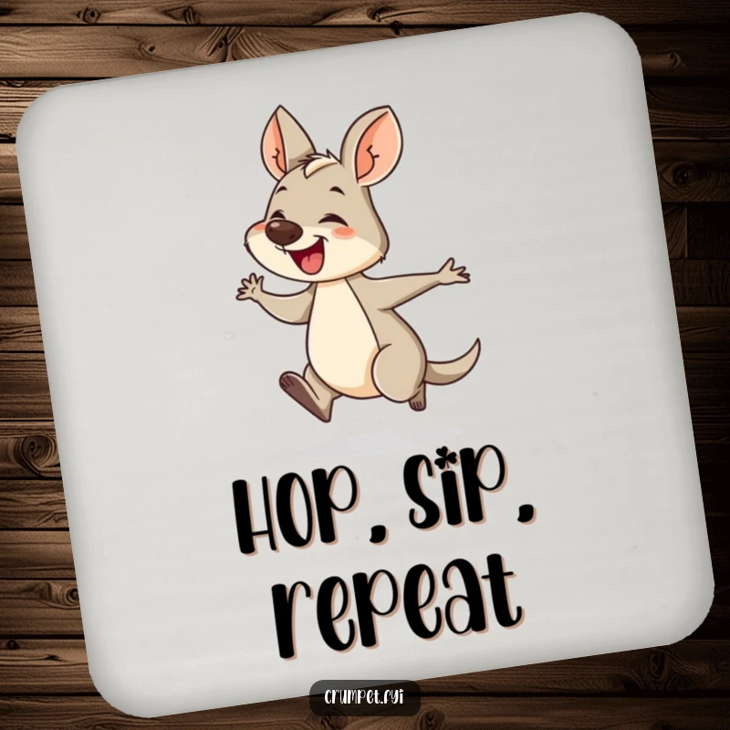 Funny wallaby coasters featuring a giggling wallaby hopping energetically. Humorous and practical drink protection with a playful design.