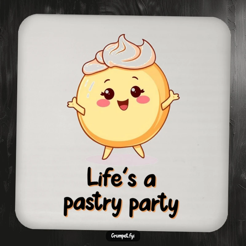 Funny drink coaster with a cheerful Danish pastry character with frosting hair, happily twirling.