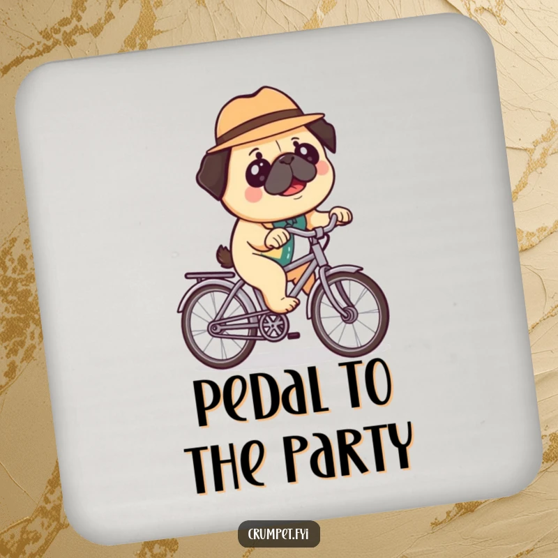 Funny drink coaster depicting a happy pug in a bowler hat riding a miniature bicycle, providing surface protection with a dose of charming, quirky humor.