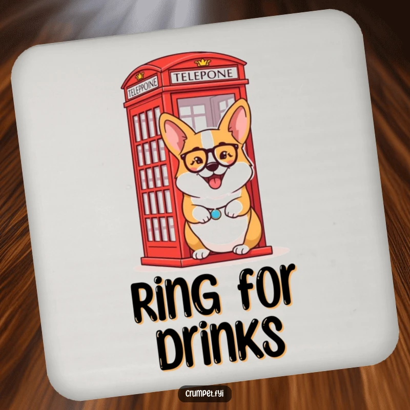 Funny Coaster: Decorative coaster featuring a delighted corgi wearing a monocle winking by a telephone box.