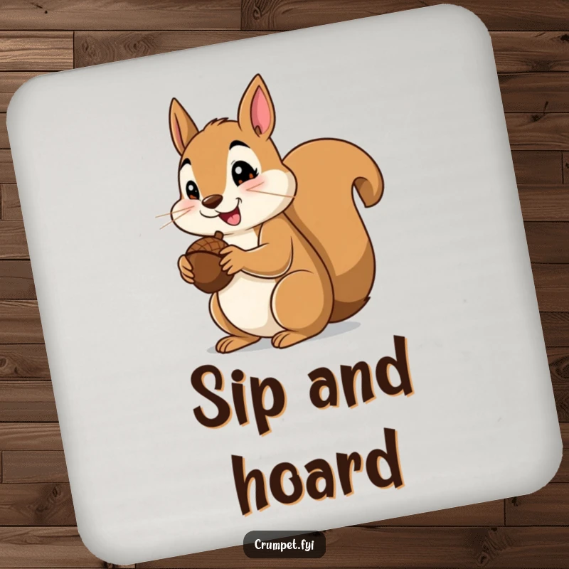 Funny squirrel coaster with a contented squirrel giving a thumbs up while eating an acorn, providing cute surface protection.