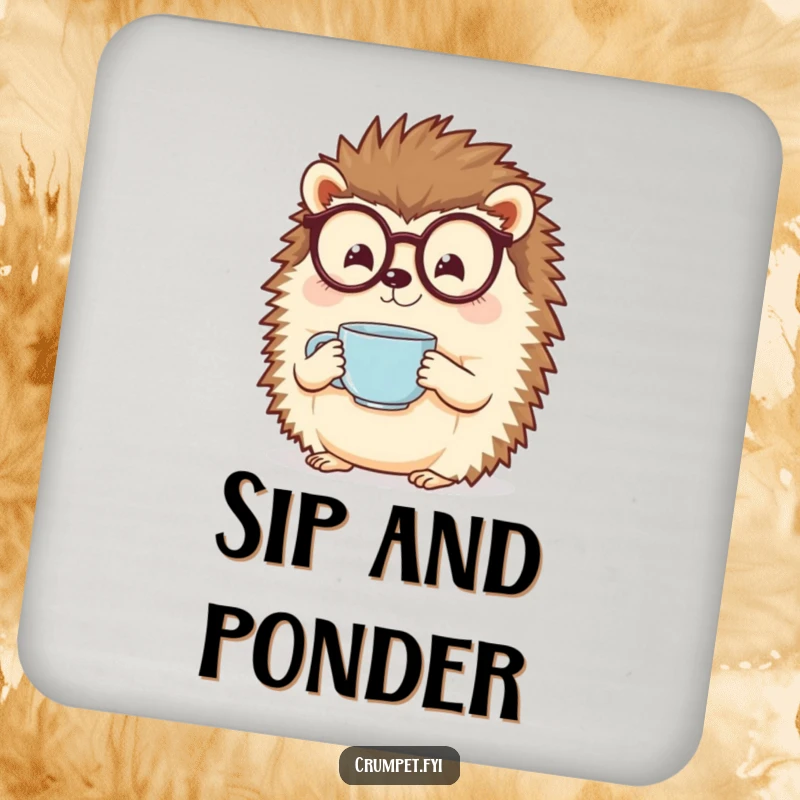 Funny hedgehog with spectacles holding a steaming teacup on a drink coaster. A charming funny gift.