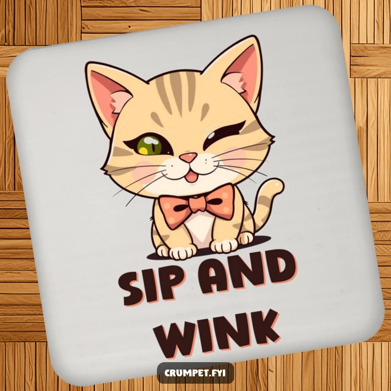Funny mischievous cat wearing a bowtie, winking, on a drink coaster, a functional funny accessory.