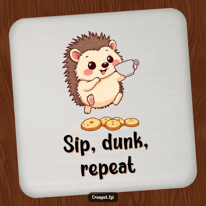 Funny Hedgehog Coaster: A cheerful hedgehog leaps with a teacup over biscuits, safeguarding surfaces with humorous tea-time charm.