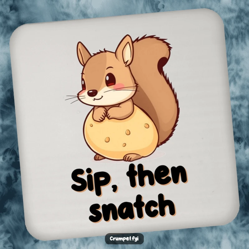 Funny drink coaster featuring a mischievous squirrel peeking from behind a large crumpet, adding playful charm.
