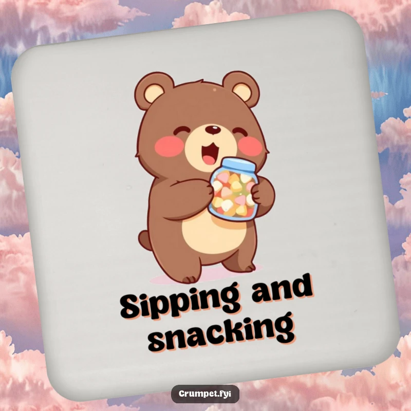 Funny bear coasters, stout character holding sweets jar, enthusiastic cartoon, table protection, gift for hosts.