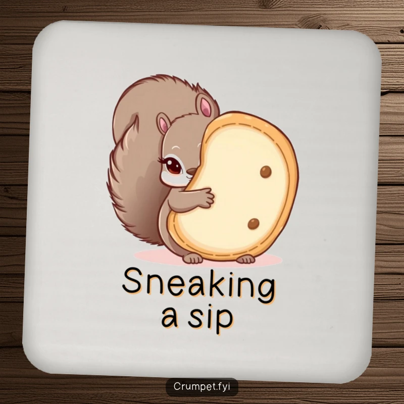Funny drink coasters featuring a mischievous squirrel peeking from behind a large crumpet, protecting surfaces with whimsical humor.